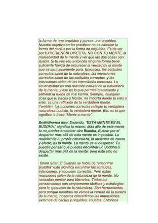 la forma de una orquídea y parece una orquídea.
Nuestro objetivo en las practicas no es cambiar la
forma del cactus por la forma de orquídea. Es de ver
por EXPERIENCIA DIRECTA, NO CON TU MENTE, la
maleabilidad de la mente y ver que las dos cosas son
ilusión. Si tu ves eso entonces ninguna forma tiene
suficiente fuerza de oscurecer la verdad de la mente
que es intrínsicamente pura. Entonces, las actitudes
correctas salen de la naturaleza, las intenciones
correctas salen de las actitudes correctas, y las
intenciones salen de las intenciones correctas. La
ecuanimidad es una reacción natural de la naturaleza
de la mente, y eso es lo que permite crecimiento y
eliminar la rueda de mal karma. Siempre, cualquier
cosa que tu haces o hiciste, no importa donde tu eres o
eras, es una reflexión de tu verdadera mente.
También, tus acciones correctas reflejan tu verdadera
naturaleza budista, tu verdadera mente. Eso es lo que
significa la frase “Mente a mente”.

Bodhidharma dice: Diciendo, “ESTA MENTE ES EL
BUDDHA,” significa lo mismo. Mas allá de esta mente
tu no puedes encontrar otro Buddha. Buscar por el
despertar mas allá de esta mente es imposible. La
realidad de tu propia naturaleza, la ausencia de causa
y efecto, es la mente. La mente es el despertar. Tu
puedes pensar que puedes encontrar un Buddha o
despertar mas allá de la mente, pero este sitio no
existe.

 Chien Shan Zi Cuando se habla de “encontrar
Buddha” esto significa encontrar las actitudes,
intenciones, y acciones correctas. Pero estas
reacciones salen de la naturaleza de la mente. No
necesitas pensar para liberarlas. Todos los
pensamientos son simplemente tácticas y estrategias
para la ejecución de la naturaleza. Son herramientas,
pero porque nosotros no vemos la verdad de la pureza
de la mente, nosotros convertimos las impresiones
externas de cactus y orquídea, en jefes. Entonces
 