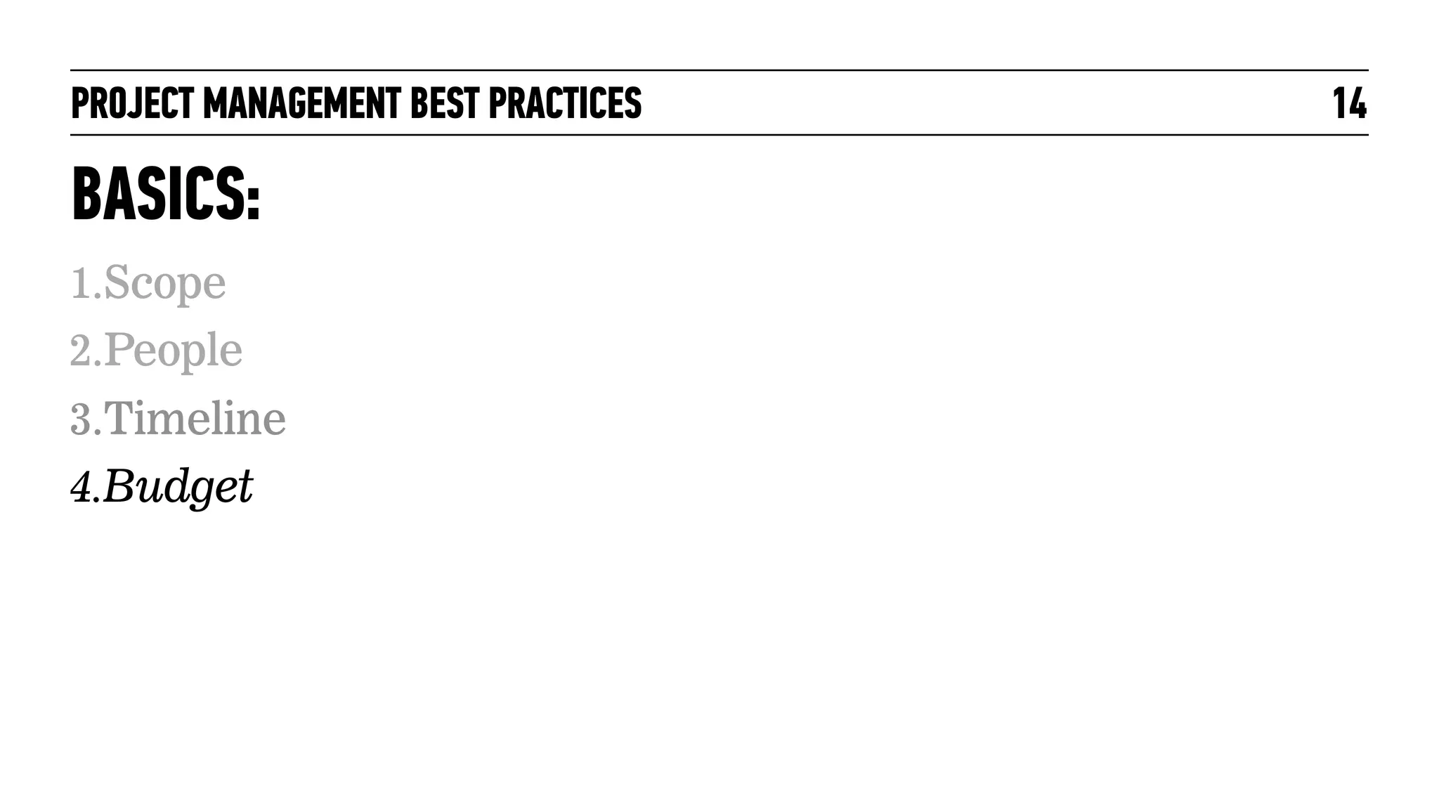 PROJECT MANAGEMENT BEST PRACTICES

BASICS:
1.Scope
2.People
3.Timeline
4.Budget

14

 