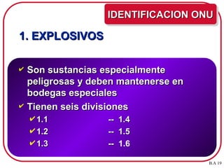 1. EXPLOSIVOS
1. EXPLOSIVOS
 Son sustancias especialmente
Son sustancias especialmente
peligrosas y deben mantenerse en
peligrosas y deben mantenerse en
bodegas especiales
bodegas especiales
 Tienen seis divisiones
Tienen seis divisiones
 1.1 -- 1.4
1.1 -- 1.4
 1.2 -- 1.5
1.2 -- 1.5
 1.3 --
1.3 -- 1.6
IDENTIFICACION ONU
IDENTIFICACION ONU
B.A 19
 