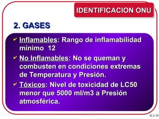 2. GASES
2. GASES
 Inflamables
Inflamables: Rango de inflamabilidad
: Rango de inflamabilidad
mínimo 12
mínimo 12
 No Inflamables
No Inflamables: No se queman y
: No se queman y
combusten en condiciones extremas
combusten en condiciones extremas
de Temperatura y Presión.
de Temperatura y Presión.
 Tóxicos
Tóxicos: Nivel de toxicidad de LC50
: Nivel de toxicidad de LC50
menor que 5000 ml/m3 a Presión
menor que 5000 ml/m3 a Presión
atmosférica.
atmosférica.
IDENTIFICACION ONU
IDENTIFICACION ONU
B.A 20
 