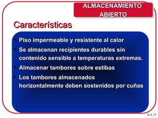 Características
Características
 Piso impermeable y resistente al calor
Piso impermeable y resistente al calor
 Se almacenan recipientes durables sin
Se almacenan recipientes durables sin
contenido sensible a temperaturas extremas.
contenido sensible a temperaturas extremas.
 Almacenar tambores sobre estibas
Almacenar tambores sobre estibas
 Los tambores almacenados
Los tambores almacenados
horizontalmente deben sostenidos por cuñas
horizontalmente deben sostenidos por cuñas
ALMACENAMIENTO
ALMACENAMIENTO
ABIERTO
ABIERTO
B.A 33
 