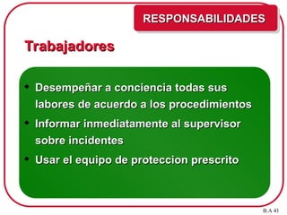 Trabajadores
Trabajadores
 Desempeñar a conciencia todas sus
Desempeñar a conciencia todas sus
labores de acuerdo a los procedimientos
labores de acuerdo a los procedimientos
 Informar inmediatamente al supervisor
Informar inmediatamente al supervisor
sobre incidentes
sobre incidentes
 Usar el equipo de proteccion prescrito
Usar el equipo de proteccion prescrito
RESPONSABILIDADES
RESPONSABILIDADES
B.A 41
 