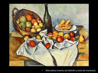 •   Naturaleza muerta con botella y cesta de manzanas
 