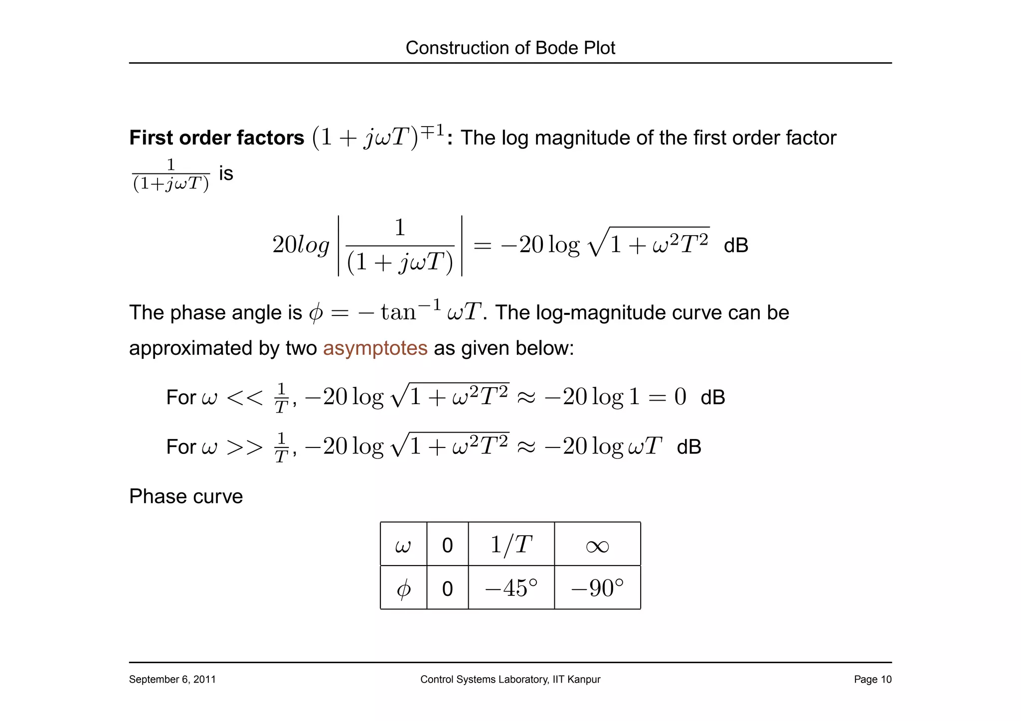 Construction of Bode Plot



First order factors (1 + jωT )∓1 : The log magnitude of the ﬁrst order factor
   1
(1+jωT ) is

                                   1
                         20log            = −20 log                                   1 + ω 2 T 2 dB
                               (1 + jωT )
The phase angle is φ            = − tan−1 ωT . The log-magnitude curve can be
approximated by two asymptotes as given below:
                         1
                                        √
       For ω        <<   T,   −20 log       1 + ω 2 T 2 ≈ −20 log 1 = 0 dB
                         1
                                        √
       For ω        >>   T,   −20 log       1 + ω 2 T 2 ≈ −20 log ωT dB
Phase curve

                                        ω        0         1/T                 ∞
                                        φ        0        −45◦              −90◦


September 6, 2011                            Control Systems Laboratory, IIT Kanpur                    Page 10
 
