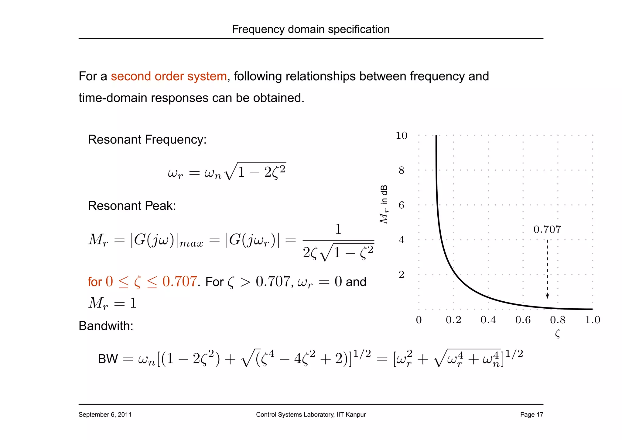 Frequency domain speciﬁcation



For a second order system, following relationships between frequency and
time-domain responses can be obtained.


  Resonant Frequency:                                                                     10


                    ωr = ωn        1 − 2ζ 2                                               8




                                                                               Mr in dB
  Resonant Peak:                                                                          6

                                                                 1                                                   0.707
  Mr = |G(jω)|max = |G(jωr )| =                                                           4
                                                      2ζ        1−       ζ2
                                                                                          2
  for 0
     ≤ ζ ≤ 0.707. For ζ > 0.707, ωr = 0 and
  Mr = 1
                                                                                               0   0.2   0.4   0.6       0.8   1.0
Bandwith:                                                                                                                 ζ

      BW     = ωn [(1 − 2ζ 2 ) +     (ζ 4 − 4ζ 2 + 2)]1/2 = [ωr +
                                                              2
                                                                                                   ωr + ωn ]1/2
                                                                                                    4    4




September 6, 2011                     Control Systems Laboratory, IIT Kanpur                                   Page 17
 