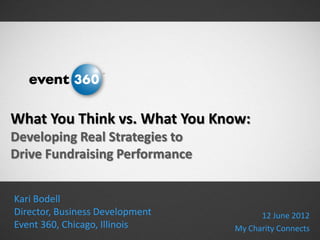What You Think vs. What You Know:
Developing Real Strategies to
Drive Fundraising Performance


Kari Bodell
Director, Business Development         12 June 2012
Event 360, Chicago, Illinois     My Charity Connects
 