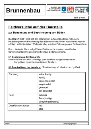 Name: Lehrgangsgruppe:
Brunnenbau
Seite 5 von 8
X:bauabcroausbildungAnleitungen EDV-NutzungBlanko Projekt mit Wasserzeichen und Fußzeile.ppt
Feldversuche auf der Baustelle
zur Benennung und Beschreibung von Böden
Die DIN EN ISO 14688 soll den Mitarbeitern auf den Baustellen helfen eine
baustellengerechte Bestimmung des Bodens durchzuführen. Genauere Analysen
erfolgen später im Labor. Wichtig ist aber in jedem Fall eine genaue Probennahme.
Durch die in der Norm aufgeführten Feldversuche erlauben eine für das
Schichtenverzeichnis ausreichend genaue Bodenansprache.
5.1 Bestimmung der Korngröße
Die Probe wird auf einer Unterlage oder der Hand ausgebreitet und die
Korngrößen visuell bestimmt (siehe Tabelle1).
5.2 Beschreibung der Kornform: (Beschreibung ab Kieskorn und größer)
Rundung scharfkantig
kantig
kantengerundet
angerundet
gerundet
gut gerundet
Form kubisch
flach(plattig)
Länglich (stängelig)
Oberflächenstruktur rau
glatt
 