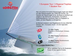 1 European Tour / 3 Regional Trophies
                1 Student Tour

Klar und präzise formulierte Klassenregeln regeln den Ablauf
auf allen Klassenregatten der LONGTZE Premier. Die
Intention der Klassenregeln ist es, die Boote so identisch wie
möglich in den Bereichen, Konstruktion, Rumpfform,
Gewichtsaufteilung, Ausrütung, Mast und Segelplan zu
halten, um faire Regatten zu ermöglichen.

Im Moment existieren zwei Regattaserien für die LONGTZE
Premier: Der « European circuit » mit drei regionalen
Trophäen:

                    The Alps Trophy
                    (Regatten in Deutschland, Schweiz,
                    Italien)

                    The Med Trophy (Südfrankreich,
                    Monaco)

                    The West Trophy (Westfrankreich,
                    England, Belgien)

Der « Longtze Student Cup »

                   Ist ein spezieller Cup nur für Studenten-
                   Crews mit vier eigenen Events.
 
