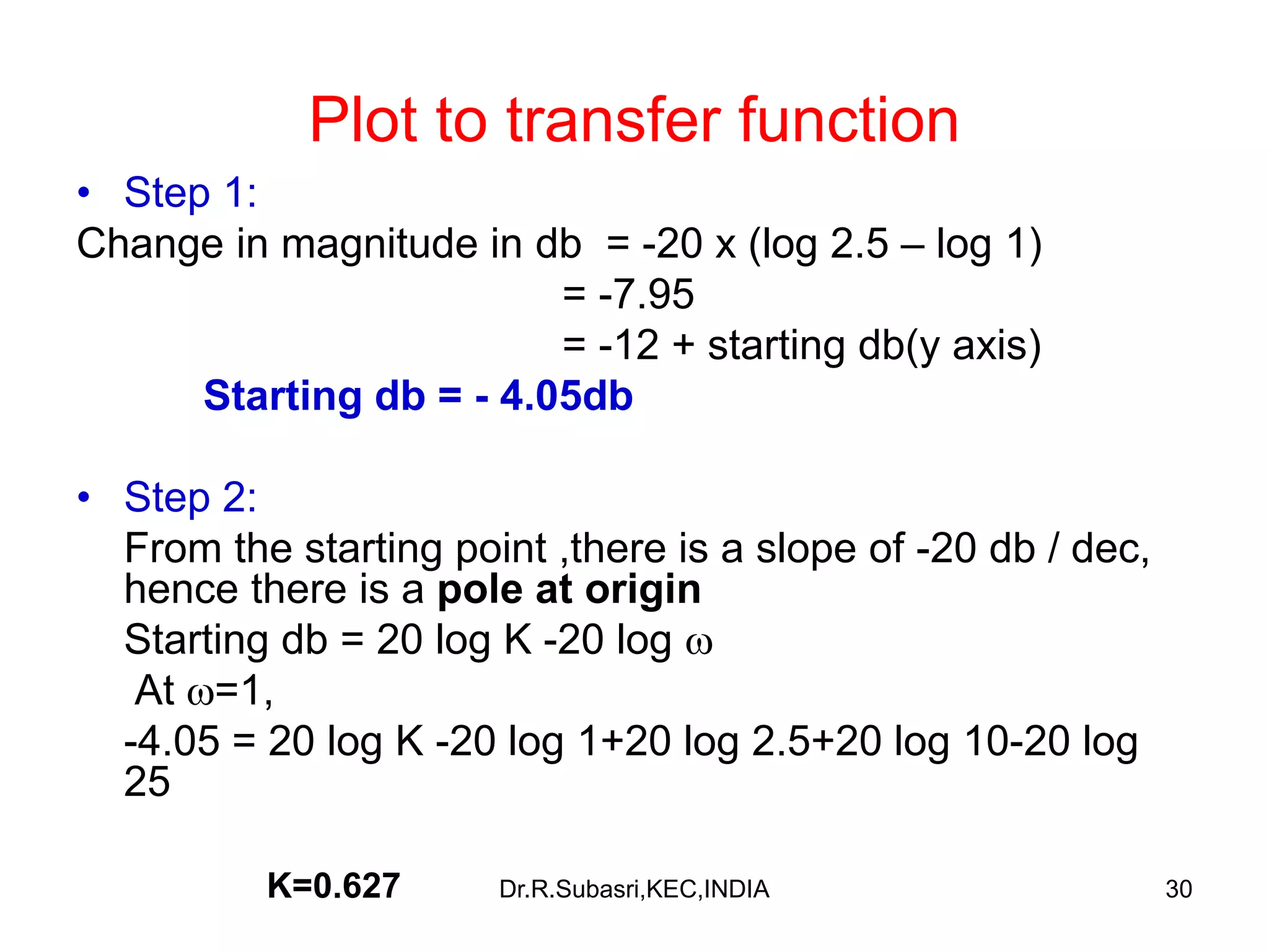 30
Plot to transfer function
• Step 1:
Change in magnitude in db = -20 x (log 2.5 – log 1)
= -7.95
= -12 + starting db(y axis)
Starting db = - 4.05db
• Step 2:
From the starting point ,there is a slope of -20 db / dec,
hence there is a pole at origin
Starting db = 20 log K -20 log 
At =1,
-4.05 = 20 log K -20 log 1+20 log 2.5+20 log 10-20 log
25
K=0.627 Dr.R.Subasri,KEC,INDIA
 