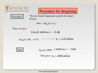 Procedure for desgining
Procedure: The two break frequencies need to be found.
Recall:
#dec = log10[w2/w1]
Then we have:
(#dec)( 40dB/dec) = 30 dB
log10[w1/30] = 0.75 w1 = 5.33 rad/sec
Also: log10[w2/900] (-40dB/dec) = - 30dB
This gives w2 = 5060 rad/sec
www.advanced.edu.in
 