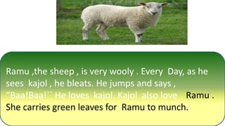 Ramu ,the sheep , is very wooly . Every Day, as he
sees kajol , he bleats. He jumps and says ,
“Baa!Baa!`` He loves kajol. Kajol also love Ramu .
She carries green leaves for Ramu to munch.
 