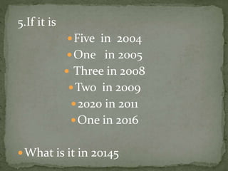 5.If it is
Five in 2004
One in 2005
 Three in 2008
Two in 2009
2020 in 2011
One in 2016
What is it in 20145
 