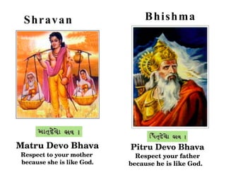 S hr avan                      B h i sh ma




Matru Devo Bhava           Pitru Devo Bhava
Respect to your mother       Respect your father 
because she is like God.   because he is like God.
 