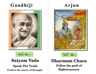 G and hi ji                            A r jun




   Satyam Vada                      Dharmam Chara
     Speak The Truth                 Follow the path of
Truth is the source of Strength.      Righteousness.
 