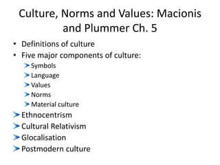 Culture, Norms and Values: Macionis
and Plummer Ch. 5
• Definitions of culture
• Five major components of culture:
Symbols
Language
Values
Norms
Material culture
Ethnocentrism
Cultural Relativism
Glocalisation
Postmodern culture
 