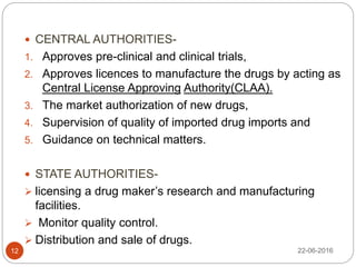  CENTRAL AUTHORITIES-
1. Approves pre-clinical and clinical trials,
2. Approves licences to manufacture the drugs by acting as
Central License Approving Authority(CLAA).
3. The market authorization of new drugs,
4. Supervision of quality of imported drug imports and
5. Guidance on technical matters.
 STATE AUTHORITIES-
 licensing a drug maker’s research and manufacturing
facilities.
 Monitor quality control.
 Distribution and sale of drugs.
22-06-201612
 