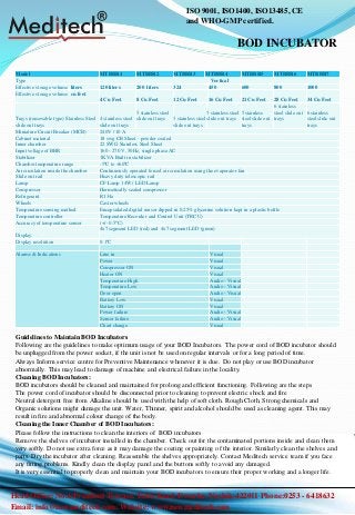 ISO 9001, ISO1400, ISO13485, CE
and WHO-GMP certified.
Email: info@newmeditech.com. Website: www.newmeditech.com
Head Office: No.6 President Terrace. Takli Road, Dwarka. Nashik-422011 Phone:0253 - 6418632
Guidelines to Maintain BOD Incubators
Following are the guidelines to make optimum usage of your BOD Incubators. The power cord of BOD incubator should
be unplugged from the power socket, if the unit is not be used on regular intervals or for a long period of time.
Always Inform service centre for Preventive Maintenance whenever it is due. Do not play or use BOD incubator
abnormally. This may lead to damage of machine and electrical failure in the locality.
Cleaning BOD Incubators:
BOD incubators should be cleaned and maintained for prolong and efficient functioning. Following are the steps
The power cord of incubator should be disconnected prior to cleaning to prevent electric shock and fire
Neutral detergent free from Alkaline should be used with the help of soft cloth. Rough Cloth, Strong chemicals and
Organic solutions might damage the unit. Water, Thinner, spirit and alcohol should be used as cleaning agent. This may
result in fire and abnormal colour change of the body.
Cleaning the Inner Chamber of BOD Incubators:
Please follow the instructions to clean the interiors of BOD incubators
Remove the shelves of incubator installed in the chamber. Check out for the contaminated portions inside and clean them
very softly. Do not use extra force as it may damage the coating or painting of the interior. Similarly clean the shelves and
parts. Dry the incubator after cleaning. Reassemble the shelves appropriately. Contact Meditech service team if you face
any fitting problems. Kindly clean the display panel and the buttons softly to avoid any damaged.
It is very essential to properly clean and maintain your BOD incubators to ensure their proper working and a longer life.
Model MTBBR1 MTBBR2 MTBBR3 MTBBR4 MTBBR5 MTBBR6 MTBBR7
Type Vertical
Effective storage volume liters 120 liters 200 liters 324 450 600 800 1000
Effective storage volume cu feet
4 Cu Feet 8 Cu Feet 12 Cu Feet 16 Cu Feet 21 Cu Feet 28 Cu Feet 34 Cu Feet
Trays (removable type) Stainless Steel
slide out trays
4 stainless steel
slide out trays
5 stainless steel
slide out trays 5 stainless steel
slide out trays
5 stainless steel
slide out trays
5 stainless
steel slide out
trays
6 stainless
steel slide out
trays
6 stainless
steel slide out
trays
Miniature Circuit Breaker (MCB) 240V / 10 A
Cabinet material 18 swg CR Sheet - powder coated
Inner chamber 22 SWG Stainless Steel Sheet
Input voltage of BBR 160 - 270 V, 50Hz, single phase AC
Stabilizer 1KVA Built in stabilizer
Chamber temperature range -5ºC to +60ºC
Air circulation inside the chamber Continuously operated forced air circulation using the evaporator fan
Slide out rail Heavy duty telescopic rail
Lamp CF Lamp 14W / LED Lamp
Compressor Hermetically sealed compressor
Refrigerant R134a
Wheels Caster wheels
Temperature sensing method Encapsulated digital sensor dipped in 0.25% glycerine solution kept in a plastic bottle
Temperature controller Temperature Recorder and Control Unit (TRCU)
Accuracy of temperature sensor (+/- 0.5ºC)
Display
4x7 segment LED (red) and 4x7 segment LED (green)
Display resolution 0.1ºC
Alarms & Indications Line in Visual
Power Visual
Compressor ON Visual
Heater ON Visual
Temperature High Audio - Visual
Temperature Low Audio - Visual
Door open Audio - Visual
Battery Low Visual
Battery ON Visual
Power failure Audio - Visual
Sensor failure Audio - Visual
Chart change Visual
BOD INCUBATOR
 