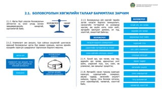 2.1. БОЛОВСРОЛЫН ХӨГЖЛИЙН ТАЛААР БАРИМТЛАХ ЗАРЧИМ
2.1.1. Иргэн бүрт үзүүлэх боловсролын
үйлчилгээ нь олон улсад хүлээн
зөвшөөрөгдөхүйц чанартай,
хүртээмжтэй байх;
2.1.3. Боловсролын үйл хэргийг төрийн
зүгээс нэгдсэн бодлого зохицуулалт,
санхүүгийн тогтвортой эх үүсвэрээр
хангаж, аж ахуйн нэгж, олон нийт,
иргэдийн оролцоог дэмжин, ил тод,
нээлттэй, хяналттай байлгах;
2.1.4. Хүний эрх, эрх чөлөө, нэр төр,
эрдмийн эрх чөлөө, ардчиллын үнэт
зүйлс, үндэсний түүх, хэл, соёл, өв
уламжлал, зан заншлыг хүндэтгэх;
БОЛОВСРОЛ ЧАНАР
БОЛОВСРОЛ
НЭГДСЭН БОДЛОГО ЗОХИЦУУЛАЛТ
САНХҮҮГИЙН ТОГТВОРТОЙ ЭХ ҮҮСВЭР
ОЛОН НИЙТИЙН ОРОЛЦОО, ХЯНАЛТ
2.1.2. Уламжлалт зан заншил, түүх соёлын онцлогийг шингээсэн
ерөнхий боловсролыг иргэн бүр заавал эзэмших, малчин өрхийн
хүүхдийн хэрэгцээ шаардлагыг харгалзсан бодлого явуулна.
ИРГЭН БҮР
ЭЗЭМШИНЭ
УЛАМЖЛАЛТ ЗАН ЗАНШИЛ, ТҮҮХ
СОЁЛЫН ОНЦЛОГ ШИНГЭЭСЭН
ЕРӨНХИЙ БОЛОВСРОЛ
МАЛЧИН ӨРХИЙН
ХЭРЭГЦЭЭ ШААРДЛАГА
БОЛОВСРОЛЫН
БОДЛОГО
БОЛОВСРОЛ
ХҮНИЙ ЭРХ, ЭРХ ЧӨЛӨӨ
ЭРДМИЙН ЭРХ ЧӨЛӨӨ
АРДЧИЛЛЫН ҮНЭТ ЗҮЙЛС
ҮНДЭСНИЙ ТҮҮХ
ХЭЛ, СОЁЛ, УЛАМЖЛАЛ
СУРАЛЦАХ ХЭРЭГЦЭЭ
АВЬЯАС ЧАДВАР
ХӨГЖЛИЙН ОНЦЛОГ
ОЛОН ХУВИЛБАРТАЙ
ТЭГШ БОЛОМЖТОЙ
ЧӨЛӨӨТЭЙ, НЭЭЛТТЭЙ
2.1.8. Иргэдийн насан туршид суралцах
хэрэгцээ, суралцагчийн сонирхол,
авьяас чадвар, хөгжлийн онцлогт
нийцсэн, тэдэнд тэгш боломж олгосон,
олон хувилбартай, чөлөөтэй, нээлттэй
байх;
ТӨРӨӨС БОЛОВСРОЛЫН ТАЛААР
БАРИМТЛАХ БОДЛОГО
 