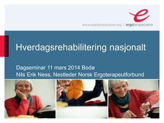 Hverdagsrehabilitering nasjonalt
Dagseminar 11 mars 2014 Bodø
Nils Erik Ness, Nestleder Norsk Ergoterapeutforbund

 