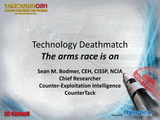Technology Deathmatch
The arms race is on
Sean M. Bodmer, CEH, CISSP, NCIA
Chief Researcher
Counter-Exploitation Intelligence
CounterTack

 
