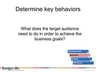 Determine key behaviors


 What does the target audience
need to do in order to achieve the
        business goals?

                          Business Goals

                           Behaviors

                             Context

                               Mechanics
 