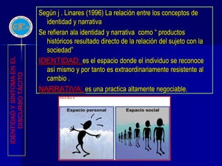 Según j . Linares (1996) La relación entre los conceptos de
                               identidad y narrativa
                            Se refieran ala identidad y narrativa como “ productos
                               históricos resultado directo de la relación del sujeto con la
                               sociedad”
                            IDENTIDAD: es el espacio donde el individuo se reconoce
IDENTIDAD Y SÍNTOMA EN EL




                               así mismo y por tanto es extraordinariamente resistente al
    DISCURSO TÁCITO




                               cambio .
                            NARRATIVA: es una practica altamente negociable.
 