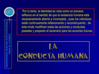 Por lo tanto, la identidad es vista como un proceso
                                 reflexivo en el sentido de que la existencia humana esta
                                 necesariamente abierta e incompleta , pues los individuos
GENERANDO NUEVAS EXPLICACIONES




                                 están continuamente reflexionando y reconstruyendo , de
                                 este modo modifican todas las acciones y conductas
                                 pasadas y preparan el escenario para las acciones futuras.
        PARA EL CAMBIO
 