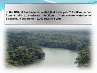 In the USA, it has been estimated that each year 7.1 million suffer
from a mild to moderate infections, from severe waterborne
diseases, in estimated 12,000 deaths a year
 