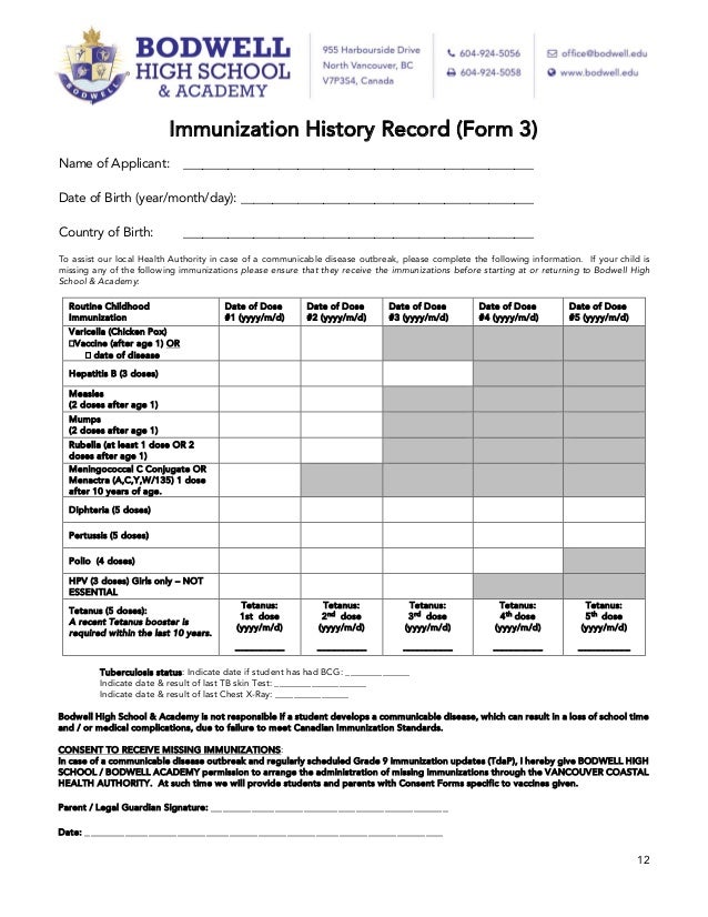 bodwell high school application package_2015 2016 immunization history form