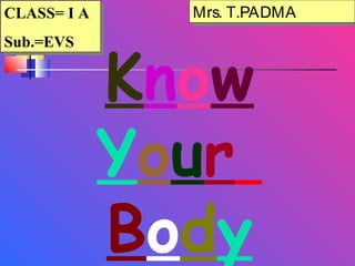 Know
Your
Body
CLASS= I A
Sub.=EVS
CLASS= I A
Sub.=EVS
Mrs. T.PADMAMrs. T.PADMA
 
