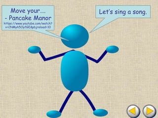 Let’s sing a song.
Move your….
- Pancake Manor
https://www.youtube.com/watch?
v=CNMyh5OyfGE&pbjreload=10
 