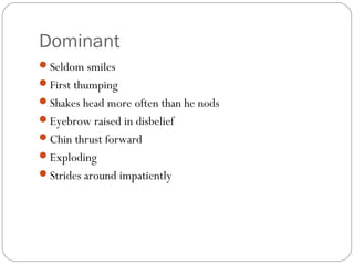 Dominant
Seldom smiles
First thumping
Shakes head more often than he nods
Eyebrow raised in disbelief
Chin thrust forward
Exploding
Strides around impatiently
 