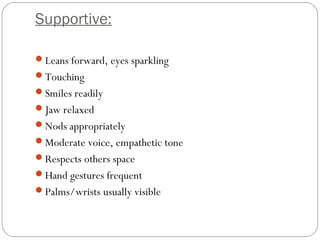 Supportive:
Leans forward, eyes sparkling
Touching
Smiles readily
Jaw relaxed
Nods appropriately
Moderate voice, empathetic tone
Respects others space
Hand gestures frequent
Palms/wrists usually visible
 