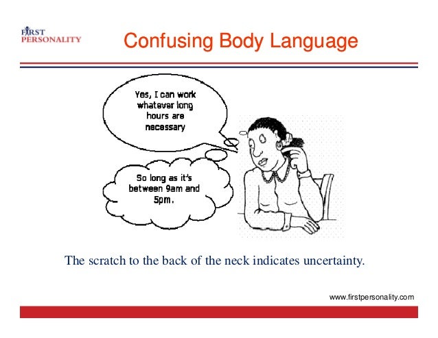 Confusing Body Language
Confusing Body Language
The scratch to the back of the neck indicates uncertainty.
www.firstpersonality.com
 