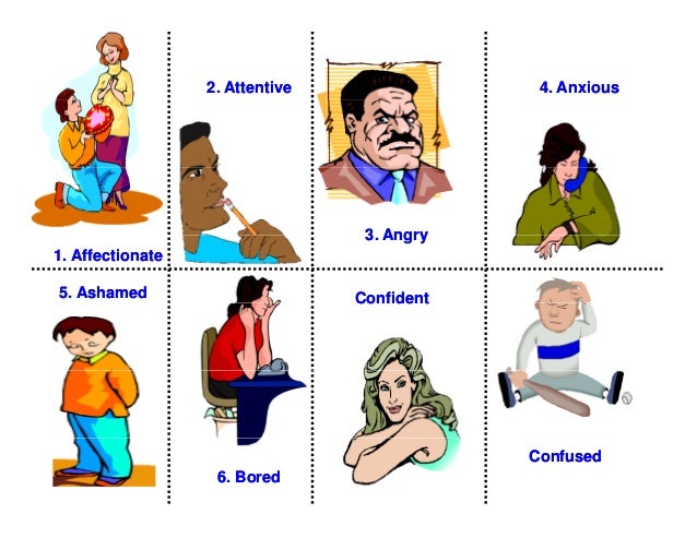 2. Attentive
2. Attentive 4. Anxious
4. Anxious
3 Angry
3 Angry
1. Affectionate
1. Affectionate
3. Angry
3. Angry
5. Ashamed
5. Ashamed Confident
Confident
Confident
Confident
6. Bored
6. Bored
Confused
Confused
 