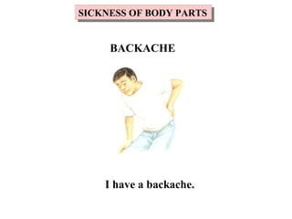 I have a backache.
SICKNESS OF BODY PARTSSICKNESS OF BODY PARTS
BACKACHE
 