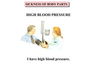 I have high blood pressure.
SICKNESS OF BODY PARTSSICKNESS OF BODY PARTS
HIGH BLOOD PRESSURE
 