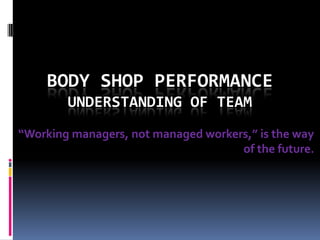 Body Shop PerformanceUnderstanding of Team “Working managers, not managed workers,” is the way of the future. 