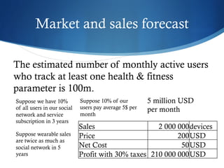 Market and sales forecast
The estimated number of monthly active users
who track at least one health & fitness
parameter is 100m.
Suppose we have 10%
of all users in our social
network and service
subscription in 3 years
Suppose 10% of our
users pay average 5$ per
month
5 million USD
per month
Suppose wearable sales
are twice as much as
social network in 5
years
Sales 2000000devices
Price 200USD
Net Cost 50USD
Profit with 30% taxes 210000000USD
 
