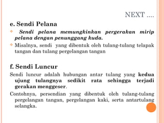 NEXT ....
e. Sendi Pelana




Sendi pelana memungkinkan pergerakan mirip
pelana dengan penunggang kuda.
Misalnya, sendi yang dibentuk oleh tulang-tulang telapak
tangan dan tulang pergelangan tangan

f. Sendi Luncur
Sendi luncur adalah hubungan antar tulang yang kedua
ujung tulangnya sedikit rata sehingga terjadi
gerakan menggeser.
Contohnya, persendian yang dibentuk oleh tulang-tulang
pergelangan tangan, pergelangan kaki, serta antartulang
selangka.

 