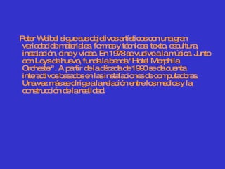Peter Weibel sigue sus objetivos artísticos con una gran variedad de materiales, formas y técnicas: texto, escultura, instalación, cine y vídeo. En 1978 se vuelve a la música. Junto con Loys de huevo, funda la banda "Hotel Morphila Orchester". A partir de la década de 1990 se da cuenta interactivos basados en las instalaciones de computadoras. Una vez más se dirige a la relación entre los medios y la construcción de la realidad.  