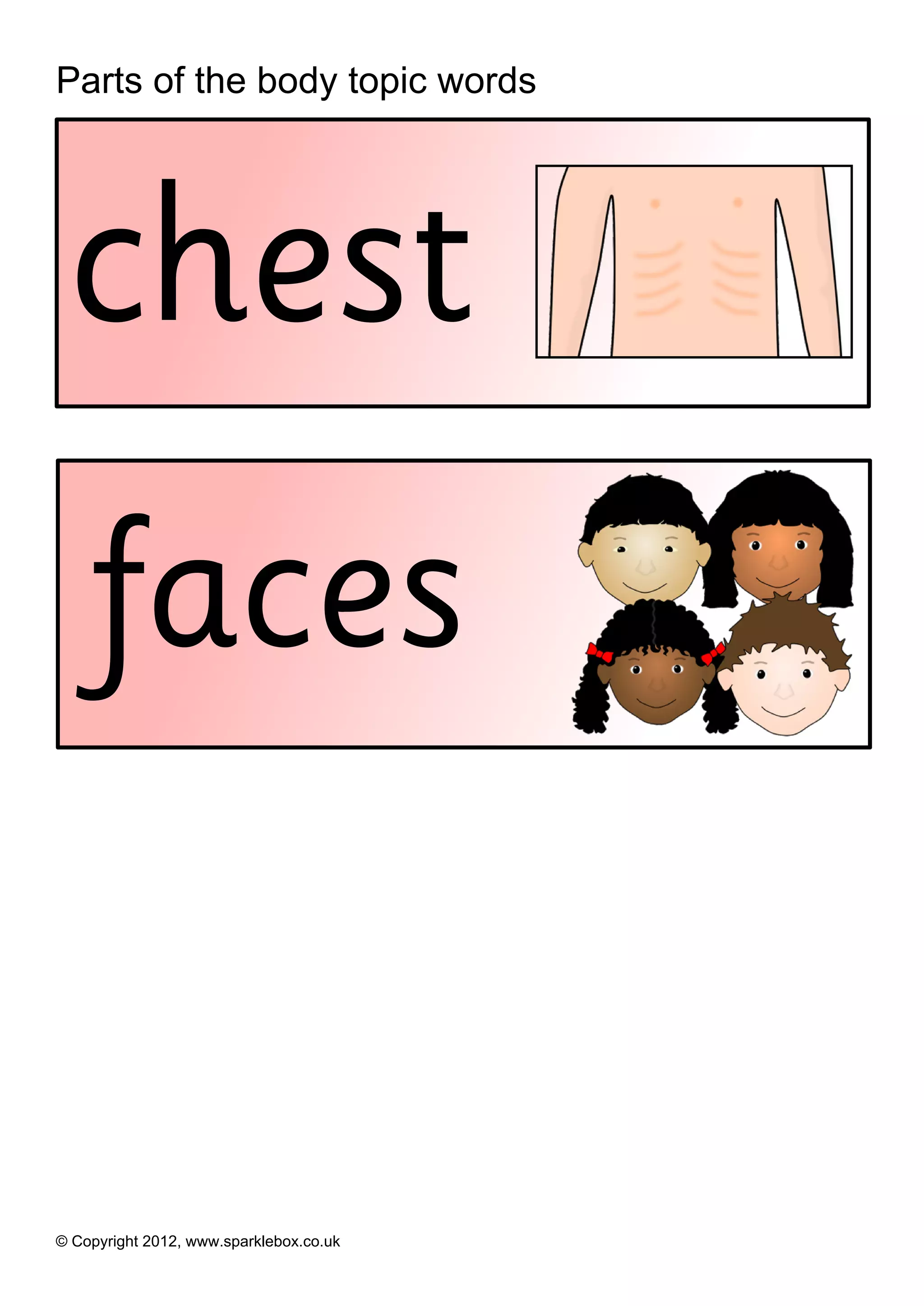 Parts of the body topic words




 chest
    faces


© Copyright 2012, www.sparklebox.co.uk
 