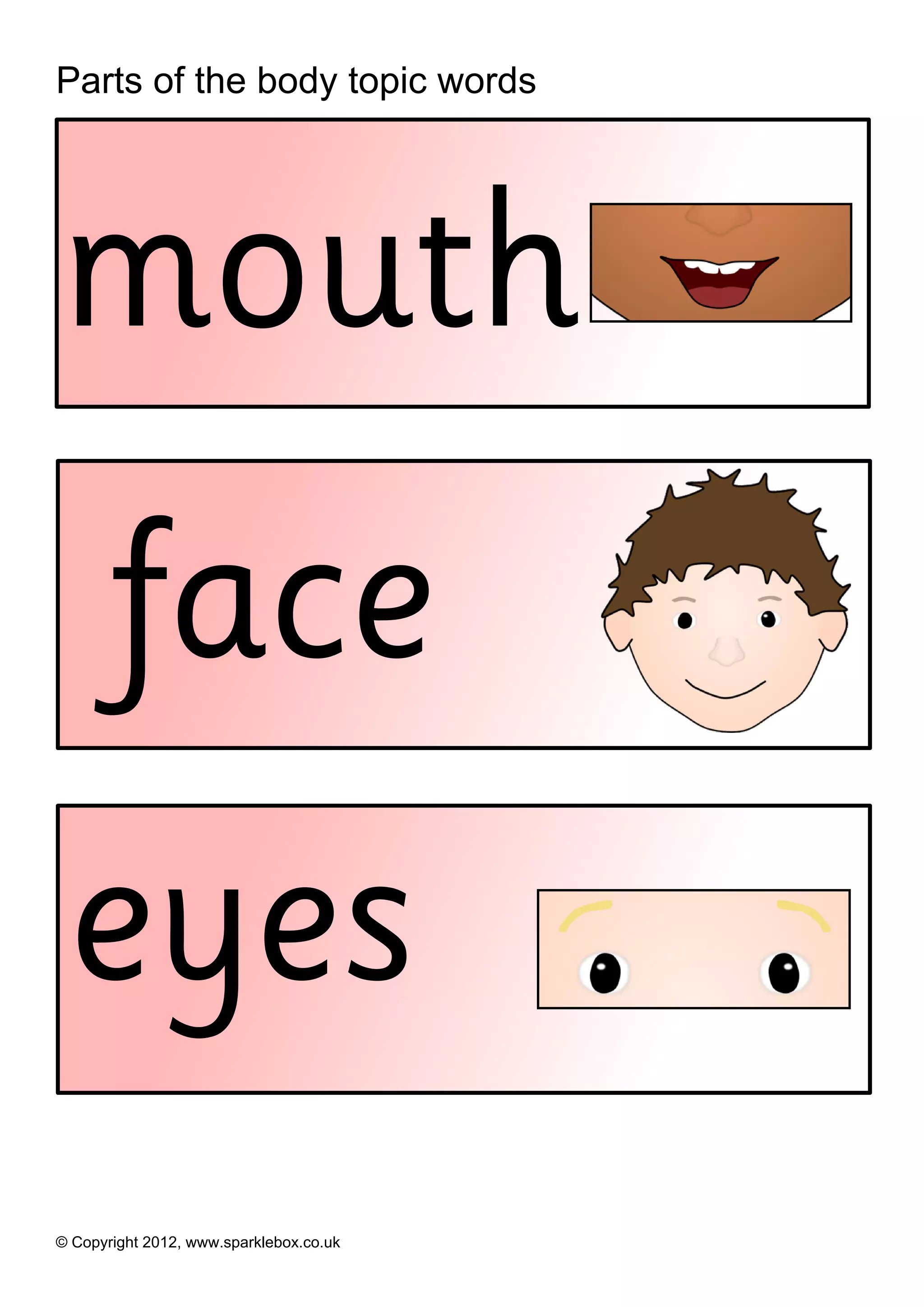 Parts of the body topic words




mouth
       face
 eyes
© Copyright 2012, www.sparklebox.co.uk
 