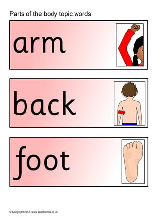 Parts of the body topic words




 arm
 back
    foot
© Copyright 2012, www.sparklebox.co.uk
 