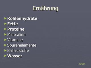 Ernährung Kohlenhydrate Fette Proteine Mineralien Vitamine Spurenelemente Ballaststoffe Wasser zurück 
