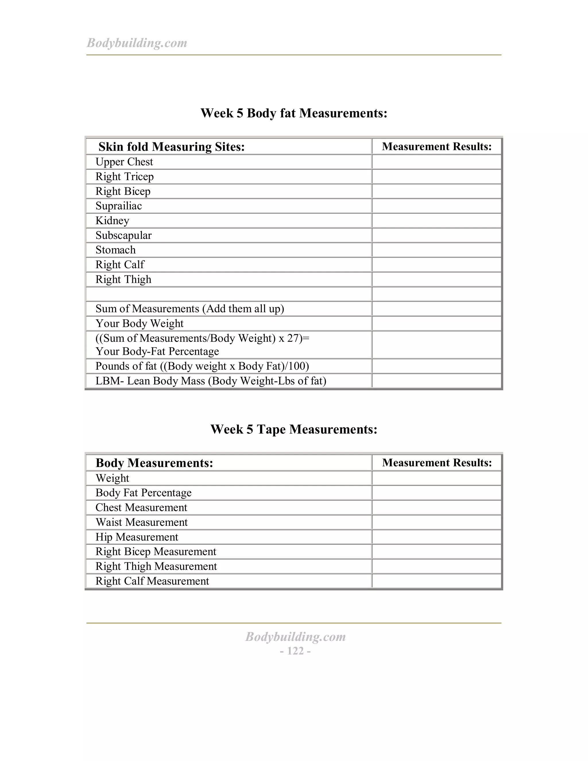 Bodybuilding.com
Bodybuilding.com
- 122 -
Week 5 Body fat Measurements:
Skin fold Measuring Sites: Measurement Results:
Upper Chest
Right Tricep
Right Bicep
Suprailiac
Kidney
Subscapular
Stomach
Right Calf
Right Thigh
Sum of Measurements (Add them all up)
Your Body Weight
((Sum of Measurements/Body Weight) x 27)=
Your Body-Fat Percentage
Pounds of fat ((Body weight x Body Fat)/100)
LBM- Lean Body Mass (Body Weight-Lbs of fat)
Week 5 Tape Measurements:
Body Measurements: Measurement Results:
Weight
Body Fat Percentage
Chest Measurement
Waist Measurement
Hip Measurement
Right Bicep Measurement
Right Thigh Measurement
Right Calf Measurement
 
