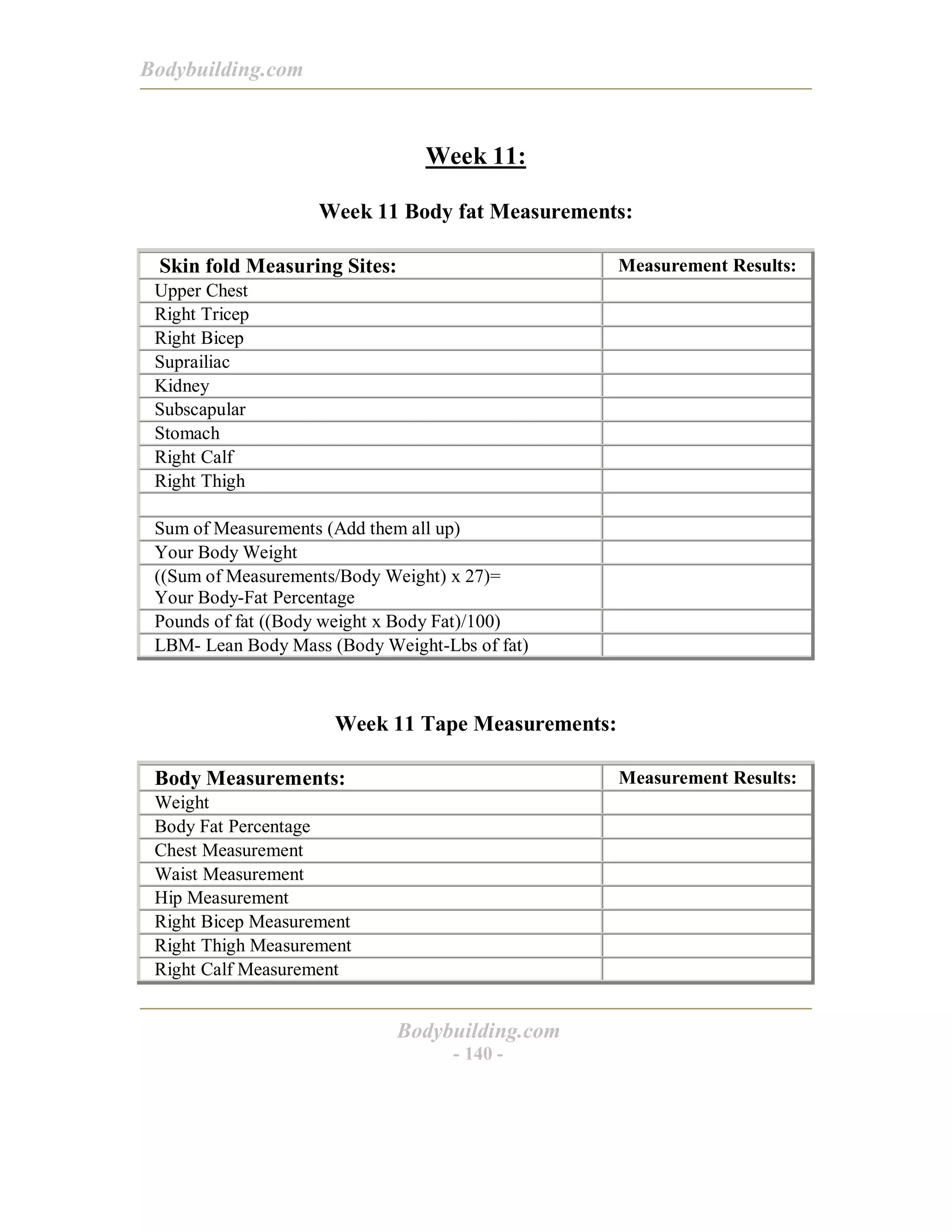Bodybuilding.com
Bodybuilding.com
- 140 -
Week 11:
Week 11 Body fat Measurements:
Skin fold Measuring Sites: Measurement Results:
Upper Chest
Right Tricep
Right Bicep
Suprailiac
Kidney
Subscapular
Stomach
Right Calf
Right Thigh
Sum of Measurements (Add them all up)
Your Body Weight
((Sum of Measurements/Body Weight) x 27)=
Your Body-Fat Percentage
Pounds of fat ((Body weight x Body Fat)/100)
LBM- Lean Body Mass (Body Weight-Lbs of fat)
Week 11 Tape Measurements:
Body Measurements: Measurement Results:
Weight
Body Fat Percentage
Chest Measurement
Waist Measurement
Hip Measurement
Right Bicep Measurement
Right Thigh Measurement
Right Calf Measurement
 