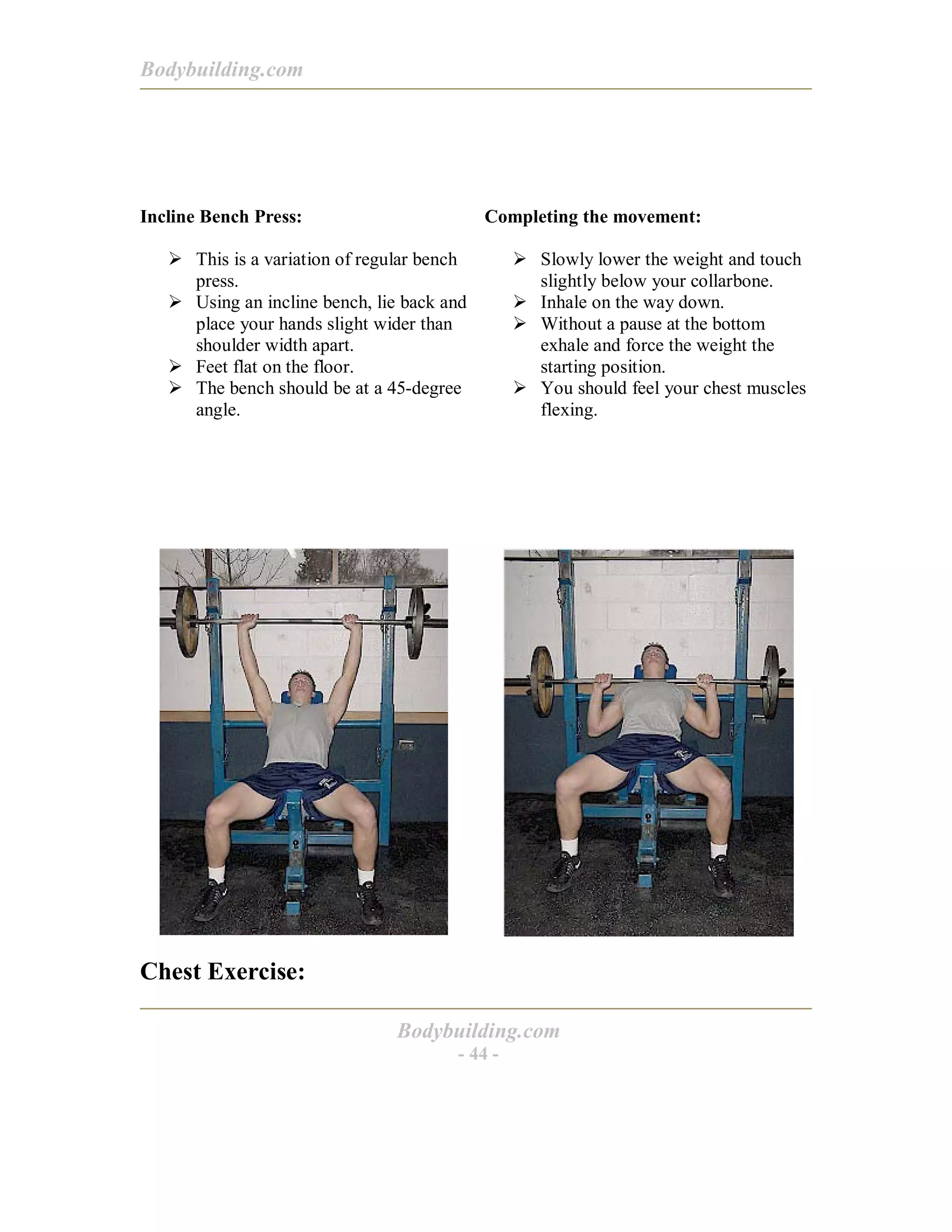 Bodybuilding.com
Bodybuilding.com
- 44 -
Incline Bench Press:
! This is a variation of regular bench
press.
! Using an incline bench, lie back and
place your hands slight wider than
shoulder width apart.
! Feet flat on the floor.
! The bench should be at a 45-degree
angle.
Completing the movement:
! Slowly lower the weight and touch
slightly below your collarbone.
! Inhale on the way down.
! Without a pause at the bottom
exhale and force the weight the
starting position.
! You should feel your chest muscles
flexing.
Chest Exercise:
 