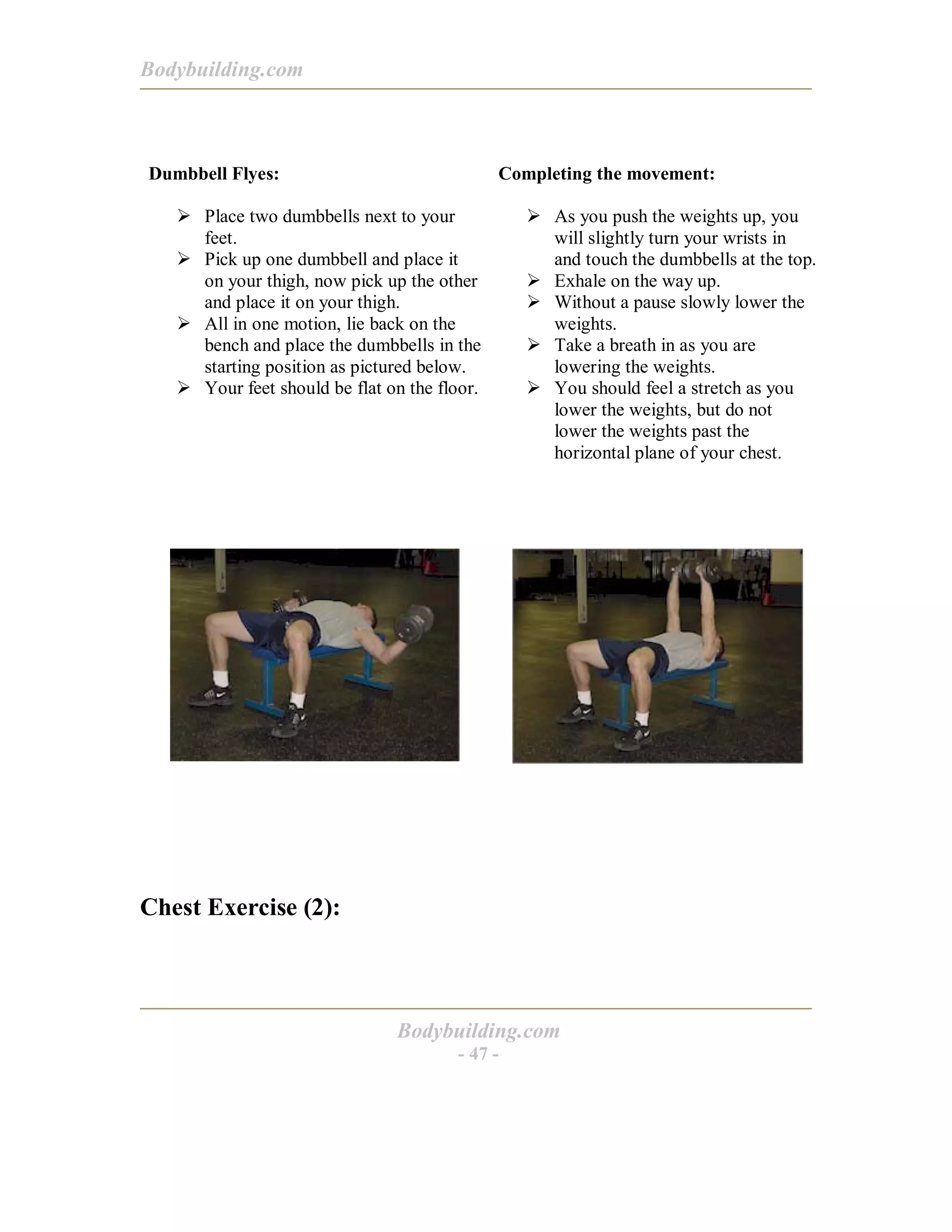 Bodybuilding.com
Bodybuilding.com
- 47 -
Dumbbell Flyes:
! Place two dumbbells next to your
feet.
! Pick up one dumbbell and place it
on your thigh, now pick up the other
and place it on your thigh.
! All in one motion, lie back on the
bench and place the dumbbells in the
starting position as pictured below.
! Your feet should be flat on the floor.
Completing the movement:
! As you push the weights up, you
will slightly turn your wrists in
and touch the dumbbells at the top.
! Exhale on the way up.
! Without a pause slowly lower the
weights.
! Take a breath in as you are
lowering the weights.
! You should feel a stretch as you
lower the weights, but do not
lower the weights past the
horizontal plane of your chest.
Chest Exercise (2):
 
