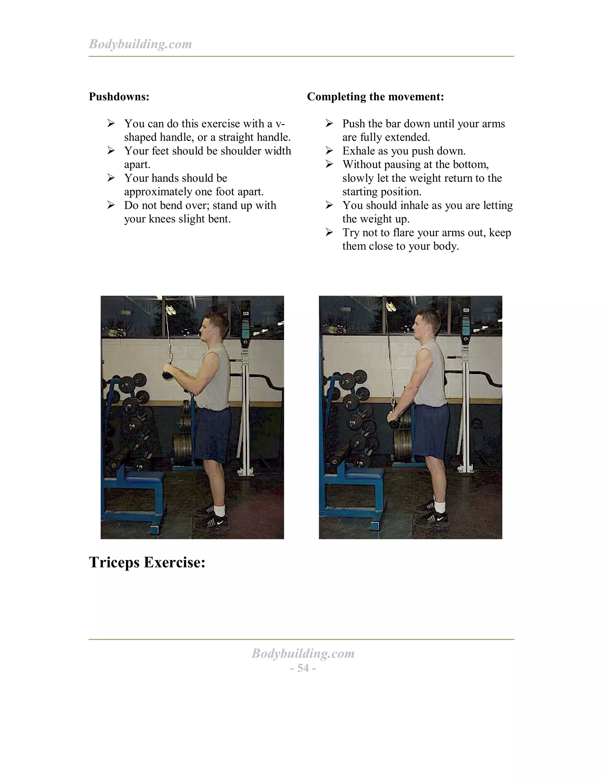 Bodybuilding.com
Bodybuilding.com
- 54 -
Pushdowns:
! You can do this exercise with a v-
shaped handle, or a straight handle.
! Your feet should be shoulder width
apart.
! Your hands should be
approximately one foot apart.
! Do not bend over; stand up with
your knees slight bent.
Completing the movement:
! Push the bar down until your arms
are fully extended.
! Exhale as you push down.
! Without pausing at the bottom,
slowly let the weight return to the
starting position.
! You should inhale as you are letting
the weight up.
! Try not to flare your arms out, keep
them close to your body.
Triceps Exercise:
 